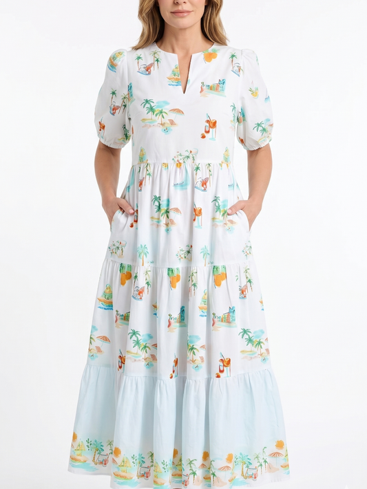 Notched V-Neck Tropical Print Puff Sleeve Midi Dress