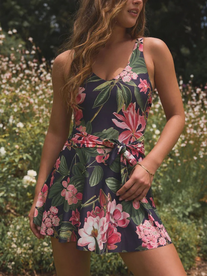Navy Floral Skirted Swim Dress