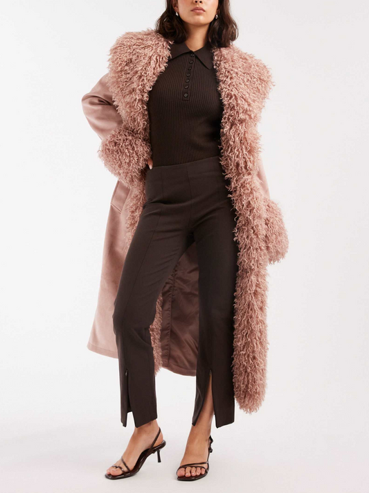 Suedette Faux Mongolian Trim Trench Coat In Soft Pink