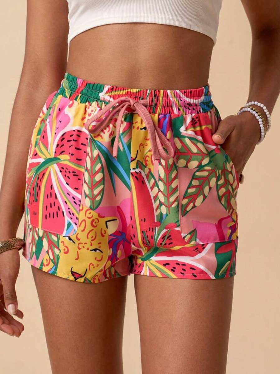 Tropical Print Puff Sleeve Knot Front Crop Suit