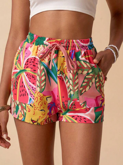 Tropical Print Puff Sleeve Knot Front Crop Suit