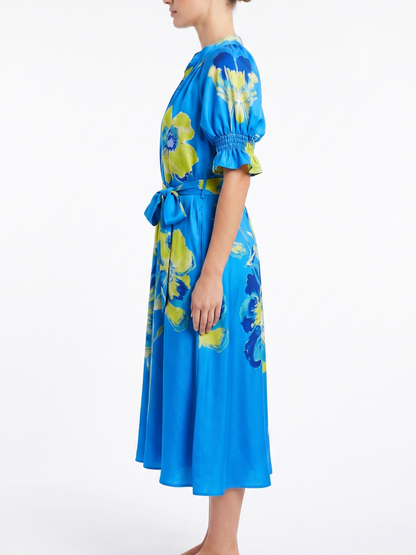 Bright Blue Lime Yellow Floral Print Belted Midi Dres
