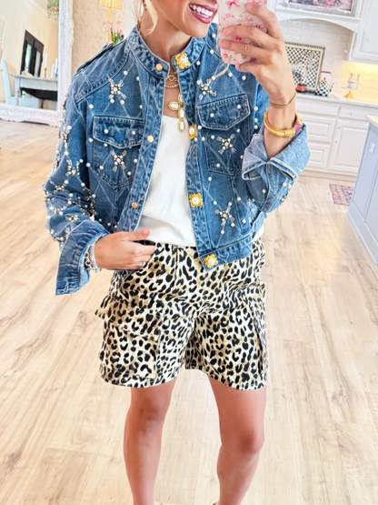 Pearl And Rhinestone Embellished Denim Jacket