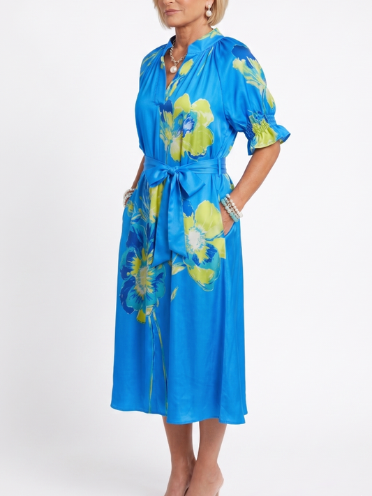 Bright Blue Lime Yellow Floral Print Belted Midi Dres