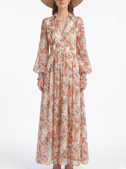 Cream Citrus & Floral Print Collared V-Neck Maxi Dress