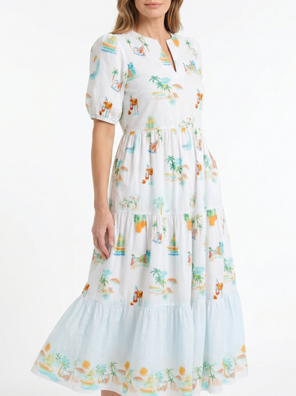 Notched V-Neck Tropical Print Puff Sleeve Midi Dress