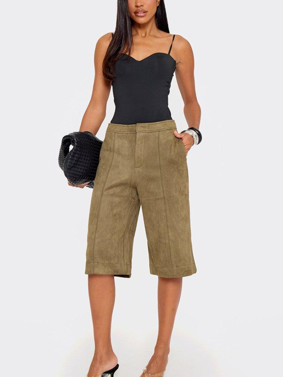 Mid Rise Tailored Jorts In Khaki Green Faux Suede