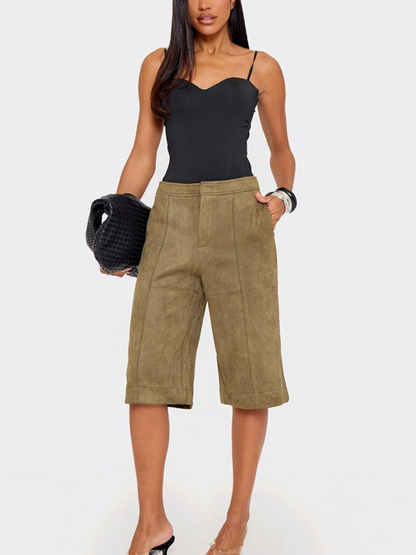 Mid Rise Tailored Jorts In Khaki Green Faux Suede