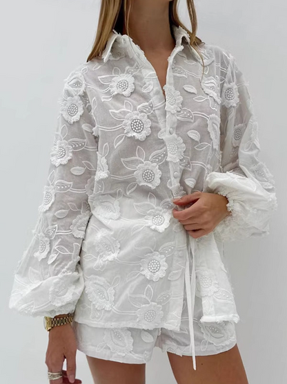 Ethereal Bloom | 3D Floral Embroidered Sheer Shirt & Shorts Set