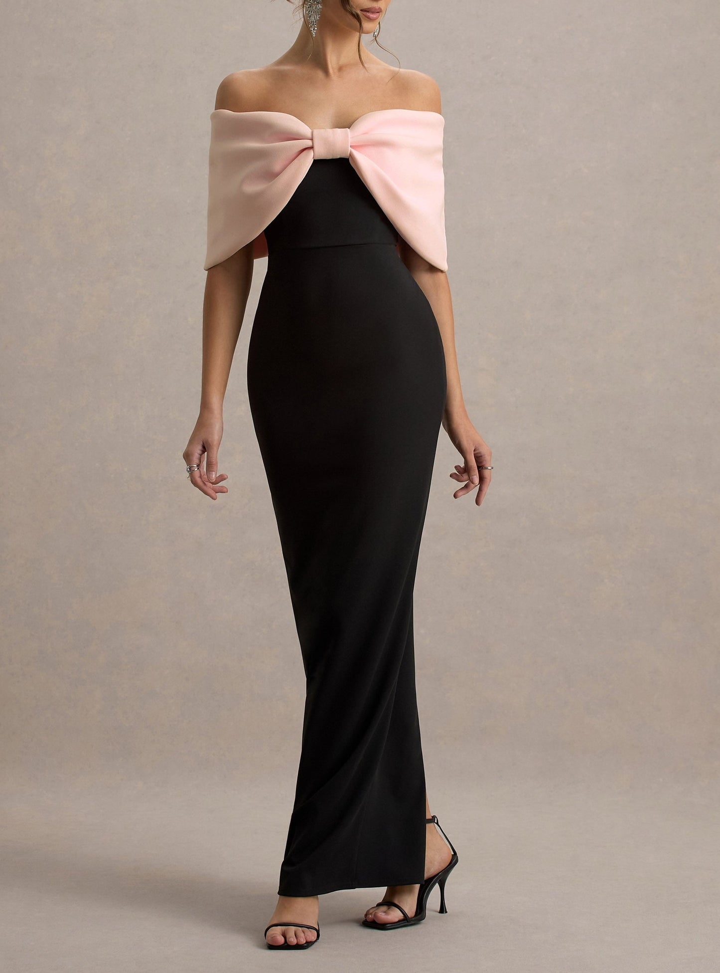 Pink & Black Strapless Maxi Dress With Oversized Bow