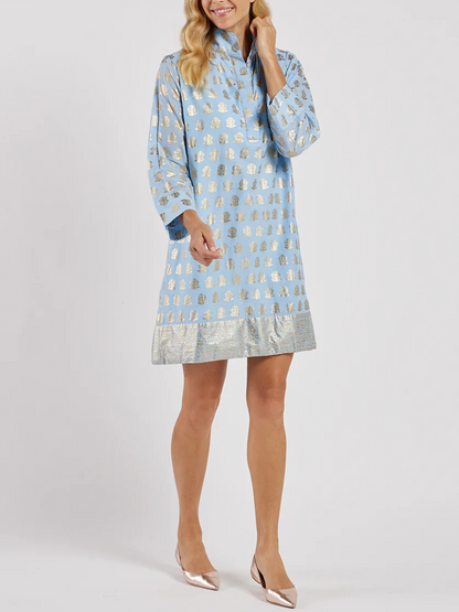 Metallic Elegance | Light Blue Gold Foil Print Tunic Dress
