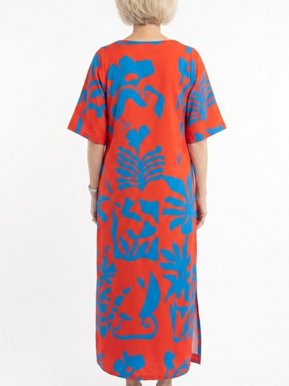 Vibrant Red And Blue Abstract Floral Tunic Maxi Dress With Side Slit