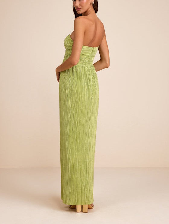Satin Plisse Strapless Maxi Dress
