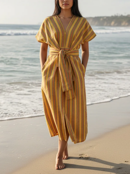 Sunlit Stroll | Multi-Stripe V-Neck Belted Midi Dress