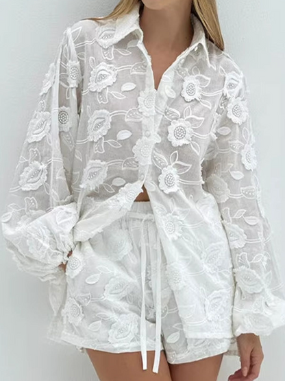 Ethereal Bloom | 3D Floral Embroidered Sheer Shirt & Shorts Set