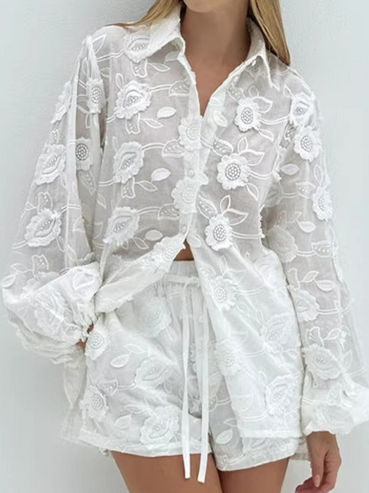 Ethereal Bloom | 3D Floral Embroidered Sheer Shirt & Shorts Set