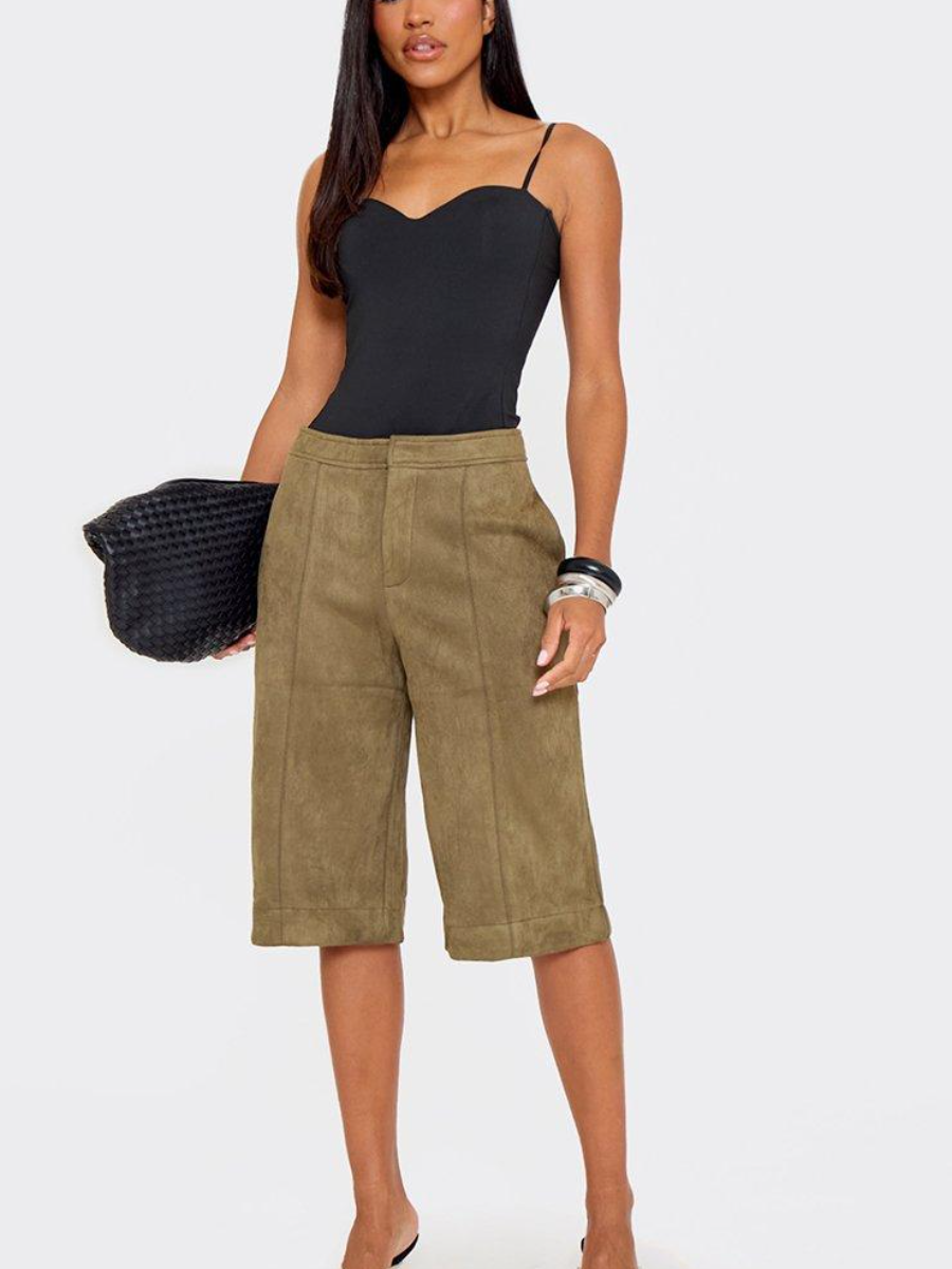 Mid Rise Tailored Jorts In Khaki Green Faux Suede