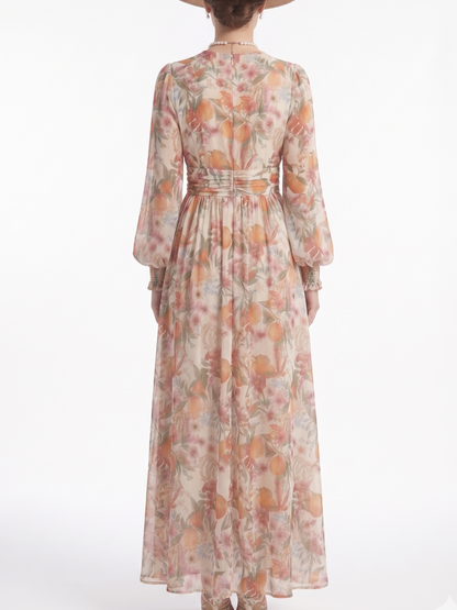 Cream Citrus & Floral Print Collared V-Neck Maxi Dress