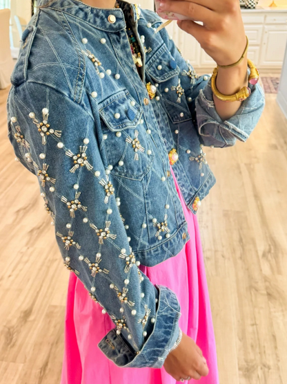 Pearl And Rhinestone Embellished Denim Jacket