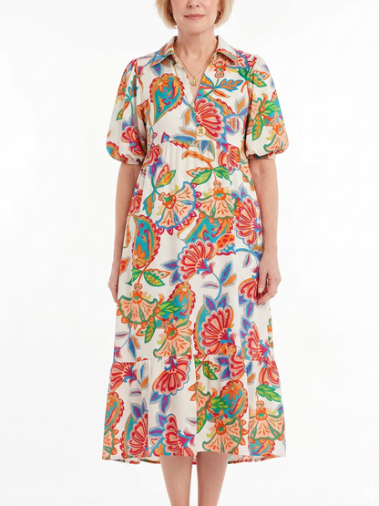Vintage Floral V-Neck Puff Sleeve Dress