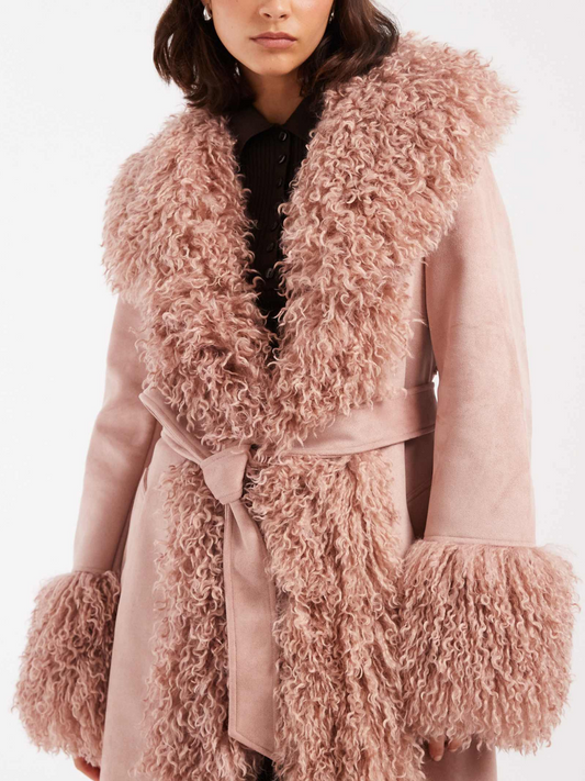 Suedette Faux Mongolian Trim Trench Coat In Soft Pink