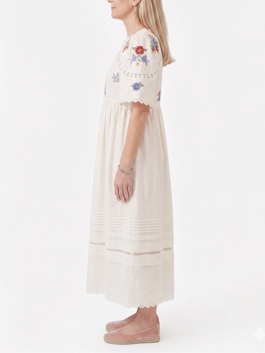 Cottagecore Embroidered Empire Waist Midi Dress
