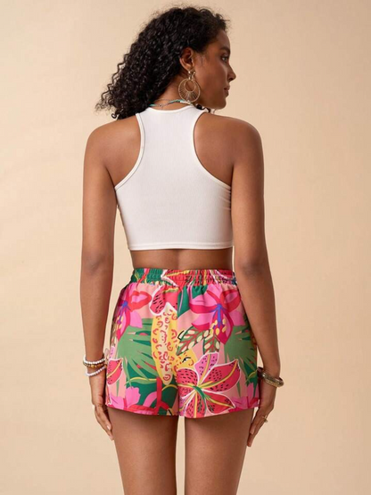 Tropical Print Puff Sleeve Knot Front Crop Suit