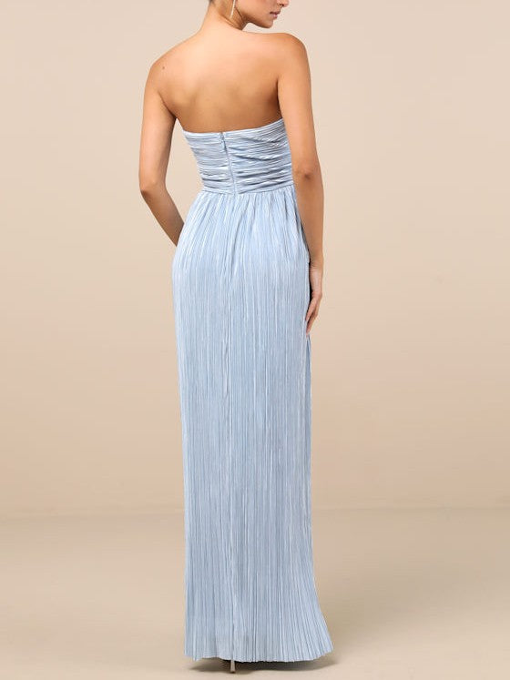 Satin Plisse Strapless Maxi Dress