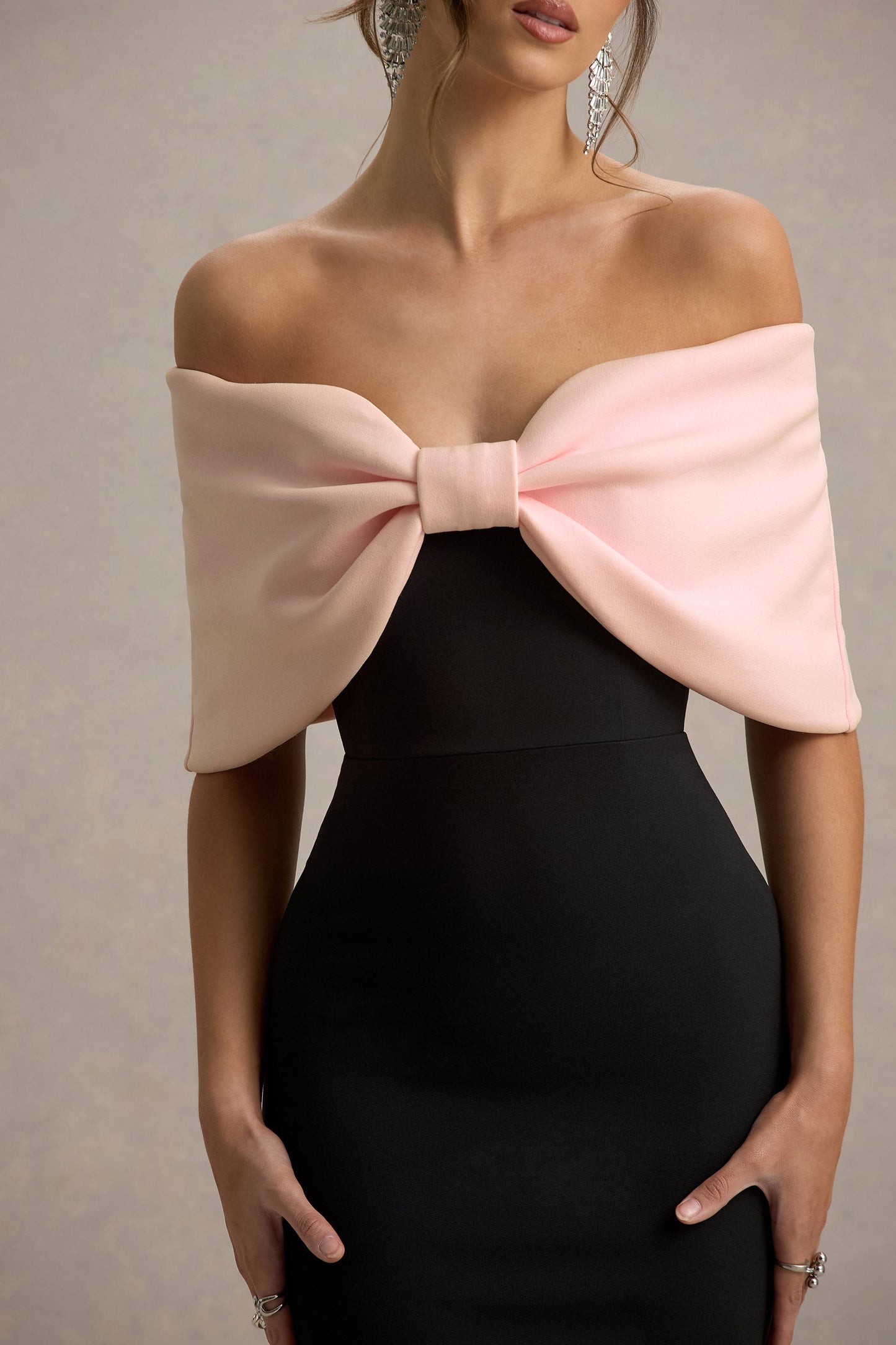 Pink & Black Strapless Maxi Dress With Oversized Bow