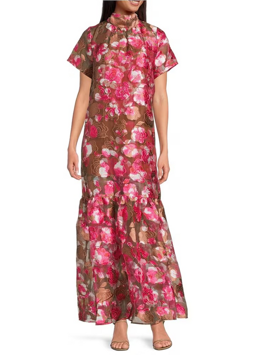 Sheer Floral Jacquard Organza Mock Neck Maxi Dress