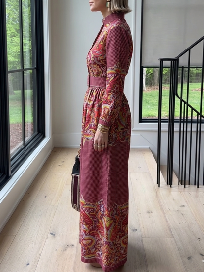 Vintage Paisley Print Long Sleeve Wide-Leg Jumpsuit With Belt
