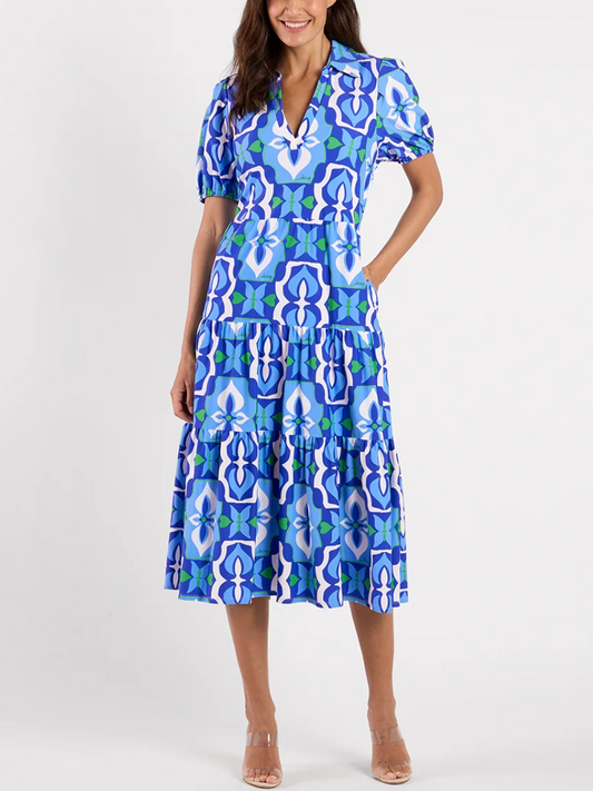 Cobalt Blue Geometric Tile Tiered Midi Dress