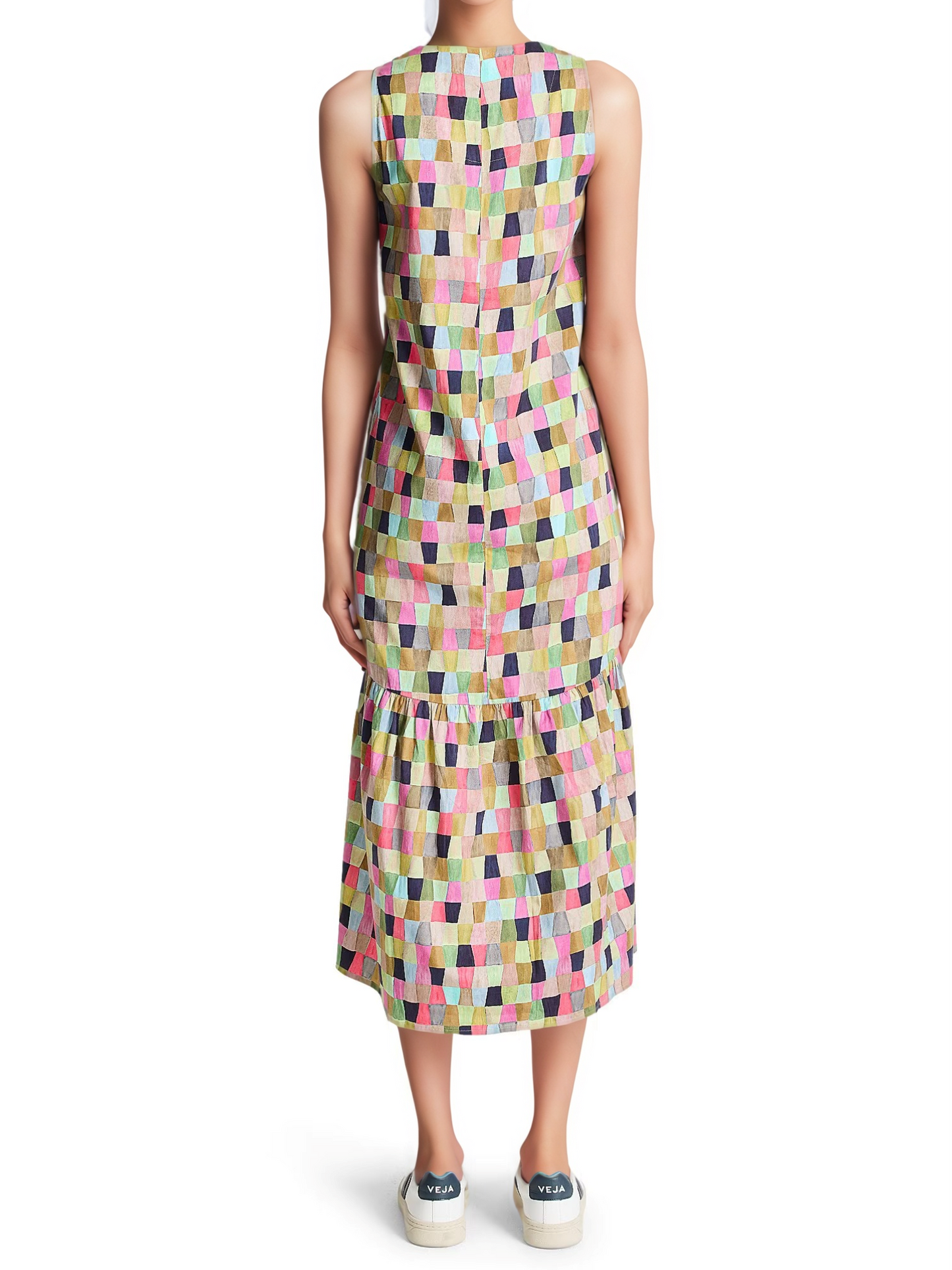 Colorfield Print Split V-Neck Sleeveless Ruffle Dress