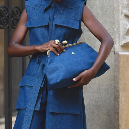 Vintage Gold-Frame Denim Evening Clutch