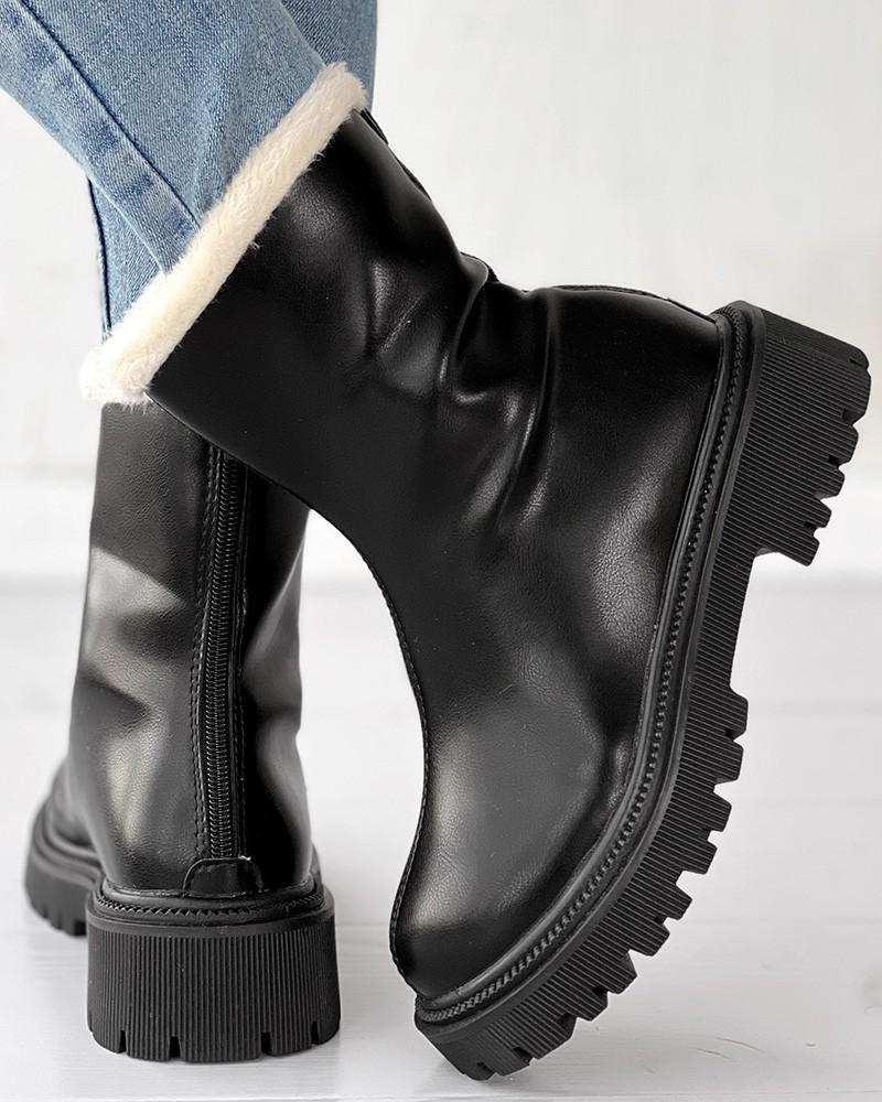 Velvet Zipper Up Fuzzy Detail Boots