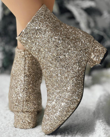 Christmas Glitter Side Zipper Chunky Heel Sequin Ankle Boots