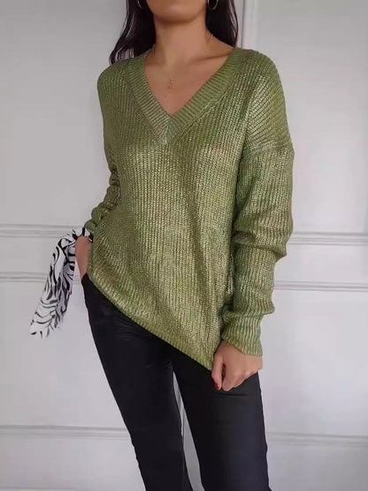 Fashion Knitted V-neck Shiny Sweater
